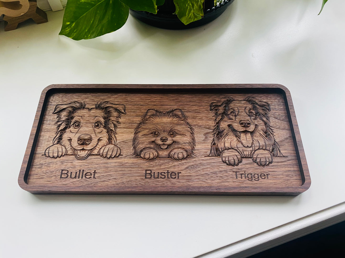 Custom Walnut Dog Catch Tray- personalized with illustration, name