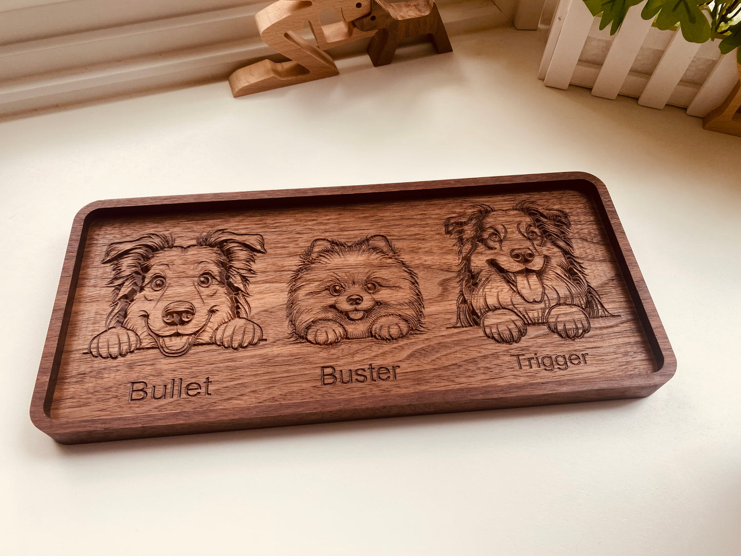 Custom Walnut Dog Catch Tray- personalized with illustration, name